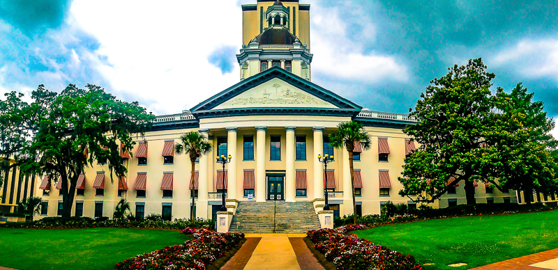 Florida State Capitol Building, wide view with manicured grounds